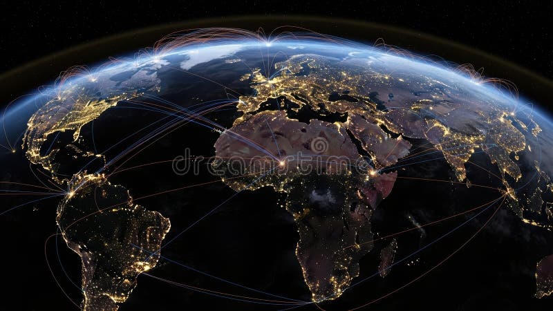Stylized globe with long-haul network arcs